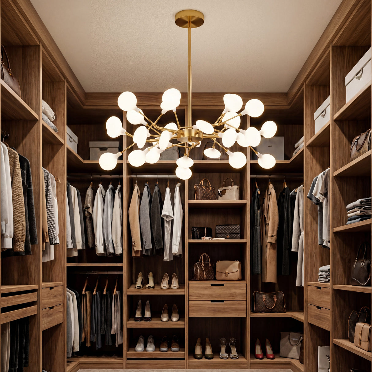 Vestidor o walk-in closet iluminado con la elegancia de la lampara Nativa Gold.