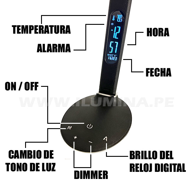 LÁMPARA DE ESCRITORIO ALANA LUX BLACK LED DIMMABLE + RELOJ DIGITAL CON ALARMA