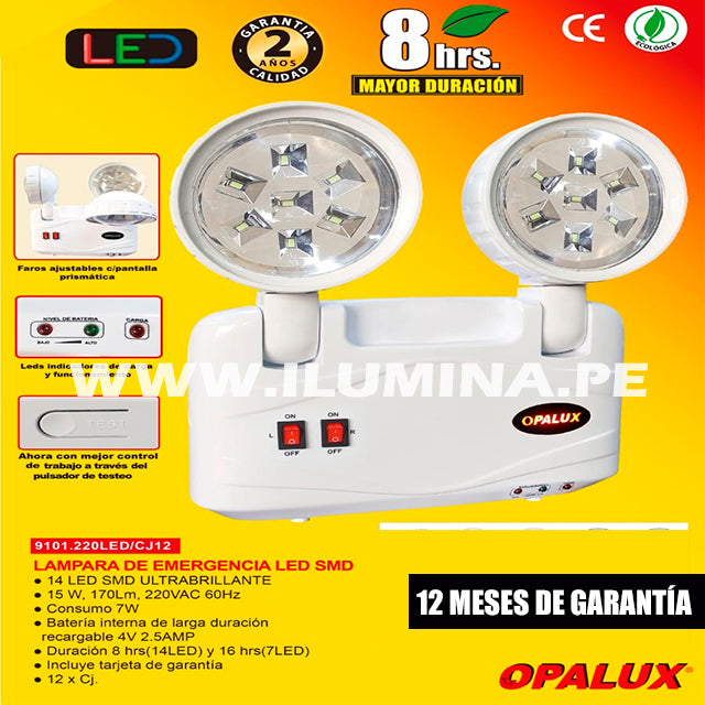 LUZ DE EMERGENCIA 14 LEDS 8 HORAS OPALUX 9101-220 LED SLIM - ir