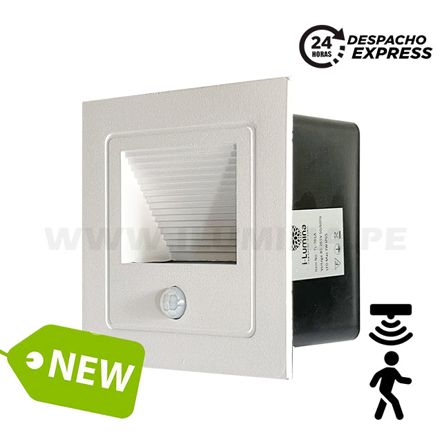 SPOT LUZ GUÍA DE PASO DE ESCALERA LED 3W SIMETRICA BLANCO CON SENSOR DE MOVIMIENTO LUZ CÁLIDA