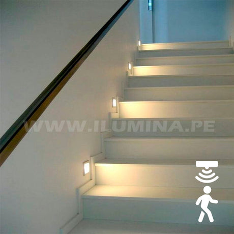 SPOT LUZ GUÍA DE PASO DE ESCALERA LED 3W ASIMETRICA BLANCO CON SENSOR DE MOVIMIENTO LUZ CÁLIDA