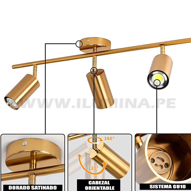 Lámpara para poner encima del espejo del baño. Lámpara de tres luces direccionables para iluminar cuadros en color dorado con sockets gu10. Venta de luminaria orientable de tres luces para dicroico LED en gu10. Lámpara de techo dirigible con cabezal orientable para luces LED. Venta de lámparas de techo en Lima en Perú.
