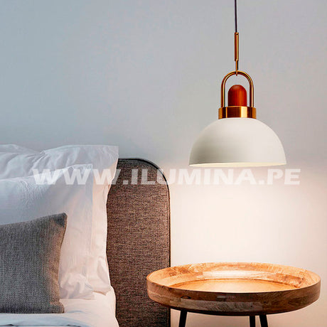 LAMPARAS COLGANTES DE CAMPANA DE ALUMINIO BLANCO CON MADERA CON PIEZA DORADA SATINADA EXCLUSIVA. LAMPARA DECORATIVA COLGANTE EXCLUSIVA DECORATIVA PARA TECHO PARA RESTAURANTES, PARA NEGOCIOS, PARA PROYECTOS HOTELEROS, PARA HOTELES, PARA TERRAZAS, LAMPARAS DECORATIVAS DE ALUMINIO DE UNA LUZ PARA TECHO. LAMPARAS DECORATIVAS EXCLUSIVAS DE DISEÑADOR COLOR BLANCO COLOR DORADO COLOR MADERA. VENTA DE LUMINARIAS EN SURQUILLO EN SAN BORJA EN SURCO, EN LA MOLINA, EN SANTIAGO DE SURCO, EN MONTERRICO,.